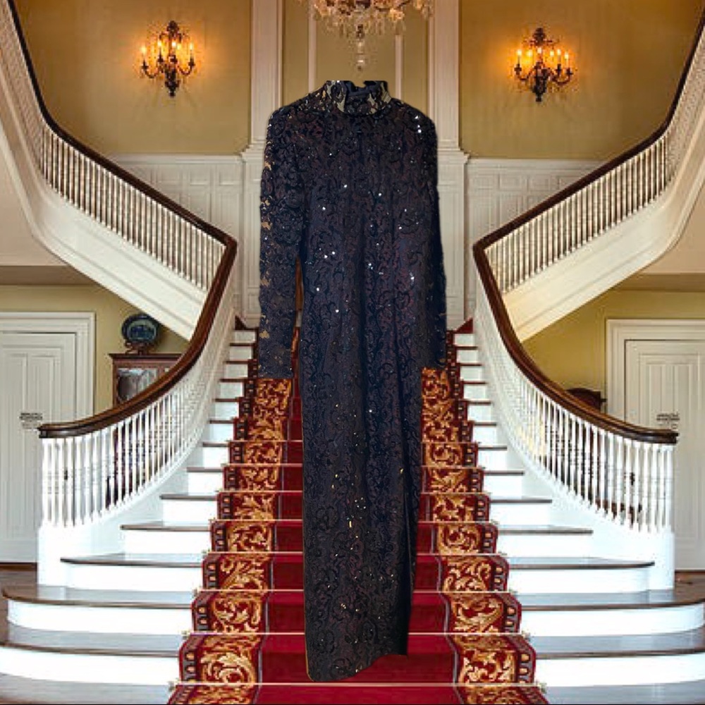 Tadashi Long Sequin Lace Dress Brick/Gold/Black